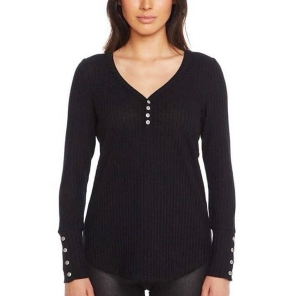 Chaser Black Ribbed Henley Long Sleeve Top V-Neck Women’s Size Small